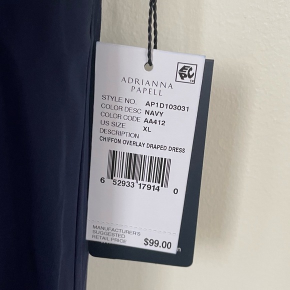 NWT Adrianna Papell Chiffon Overlay Draped Dress Navy Blue XL Extra Large - Picture 10 of 10
